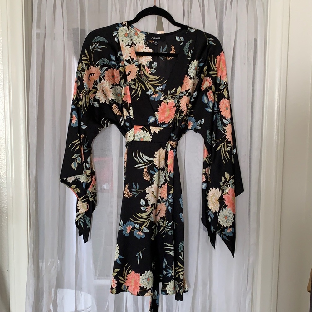 Aakaa Black Floral Midi Dress with Peach and Cream Blooms